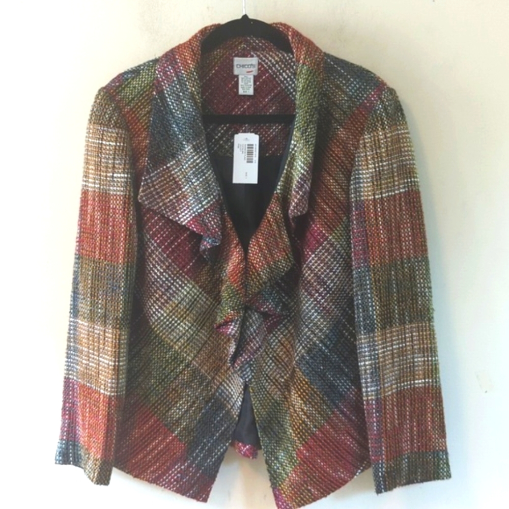Chico's Cataline Multi Color Holiday Plaid Tweed Jacket M